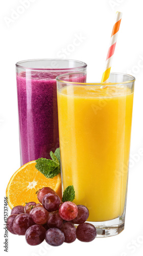 Refreshing Colorful Fruit Smoothies with Straws, Grapes, and Orange Slices in Glasses for Healthy Lifestyle and Dietary Choices