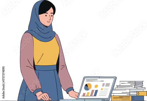 Young Muslim Woman in Hijab Working on Laptop with Business Charts.
