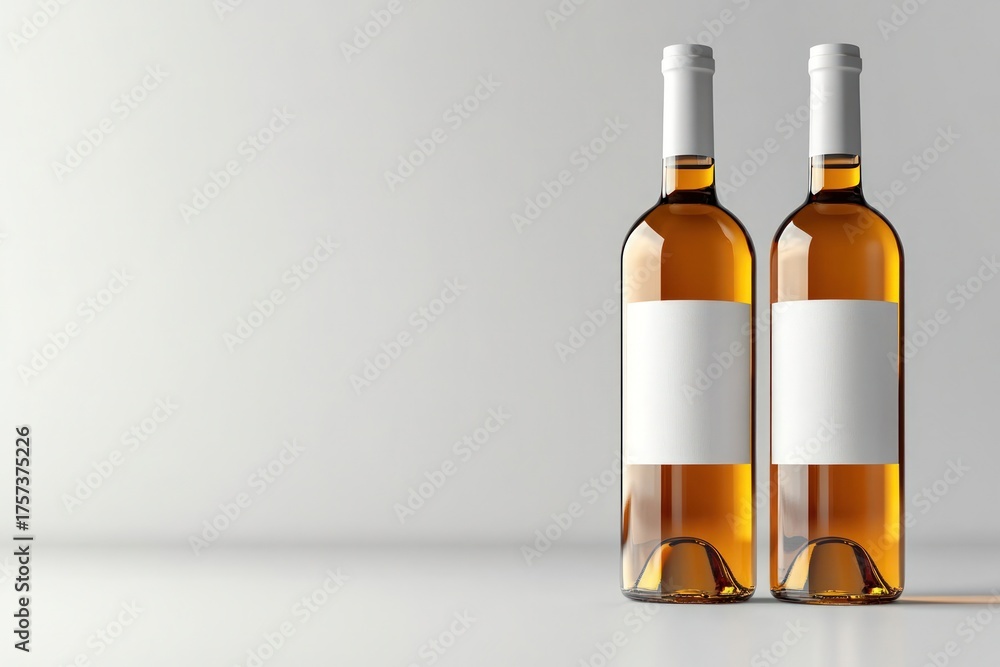 Obraz premium Two amber colored bottles containing wine or spirits with blank white labels and caps, copy space