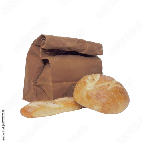 Brown paper bag and bread loafs on white background food concept.