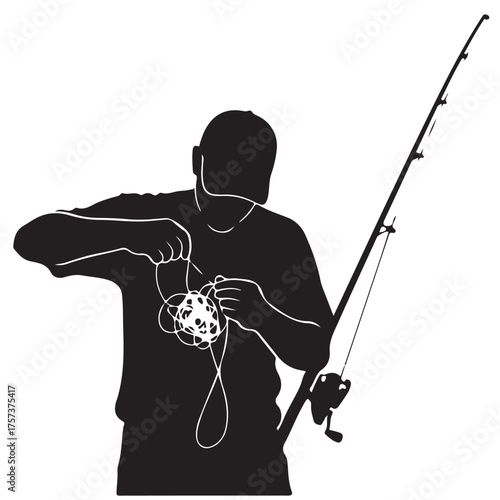 Silhouette Angler Fixing Tangled Fishing Line