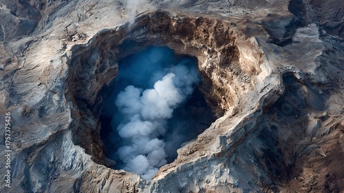 Spectacular volcanic crater eruption with billowing smoke and ash rugged terrain vibrant earth tones and dramatic natural landscape showcasing volcanic activity