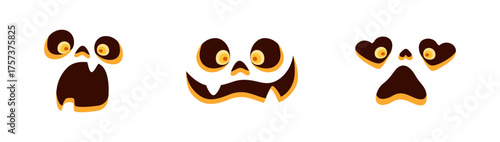 Spooky Halloween pumpkin faces set. various expressions. cartoon flat style. Bright colorful vector illustration perfect for Halloween, party decoration, stickers, packaging, or digital design