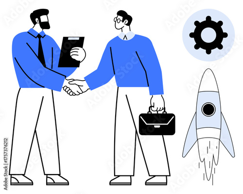 Two men shaking hands, one holding a briefcase, rocket launching, and a gear icon. Ideal for collaboration, business growth, innovation, teamwork, deal-making entrepreneurship startup success