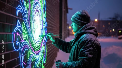 Urban artist creating vibrant neon mural on snowy evening wall