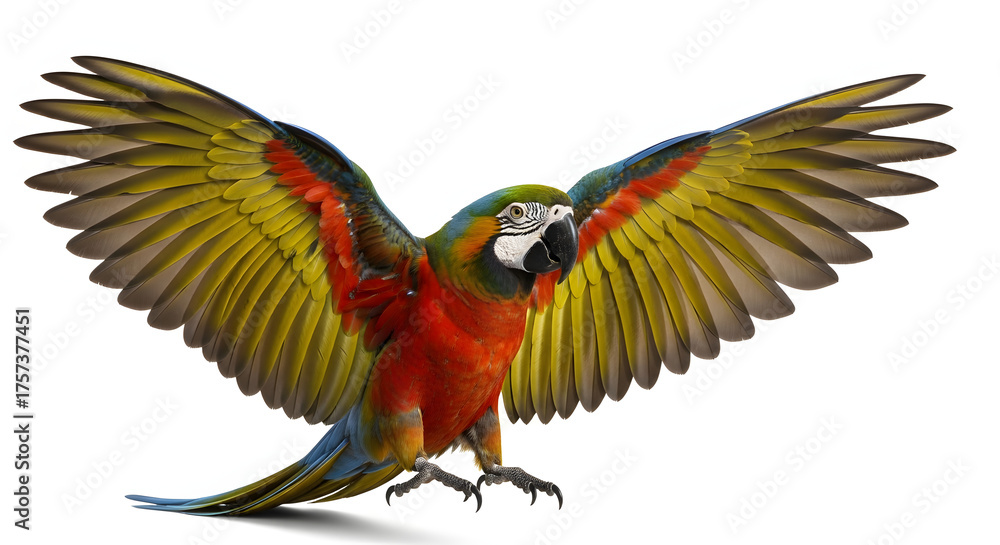 Fototapeta premium Colorful Macaw Parrot Spreading Wings Isolated on White Background