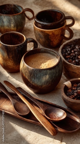 Coffee cupping session with various cups in a cozy caf setting