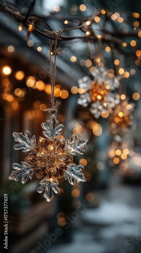 Glass snowflake ornaments shimmering on a dark winter evening