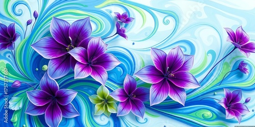 Vibrant blooms in blue & green, swirling floral design,  pattern,  abstract