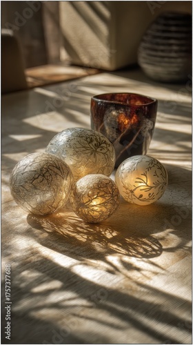 Christmas baubles shimmering in macro detail with vibrant patterns