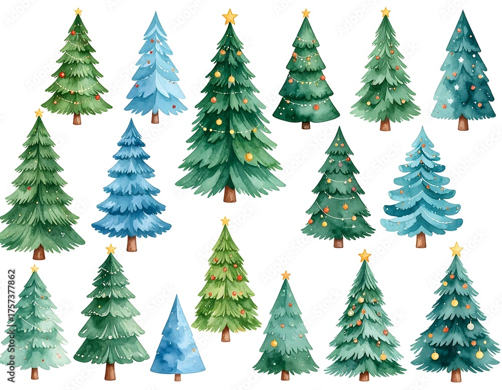 Fototapeta premium Collection of watercolor-style illustrations featuring various Christmas tree designs