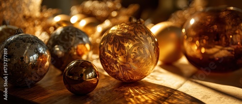 Christmas bauble evaluation station with glittering red and gold ornaments