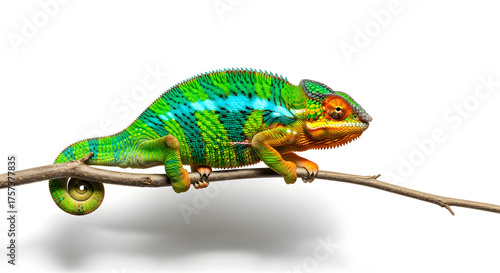 Vibrant Chameleon Reptile Perched on Branch Isolated White Background