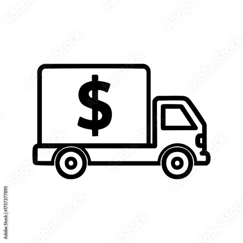 Vector art of delivery truck with a dollar sign on its side, representing shipping costs, logistics, freight, and transportation expenses