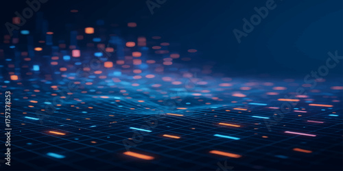 An abstract digital background of fiber optics with lots light spots glowing orange and red, capturing bright energy and motion against a dark texture