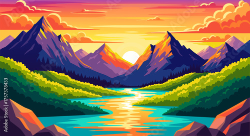 Colorful sunset over mountain range and river landscape, peaceful nature scenery with vibrant hues and stunning views