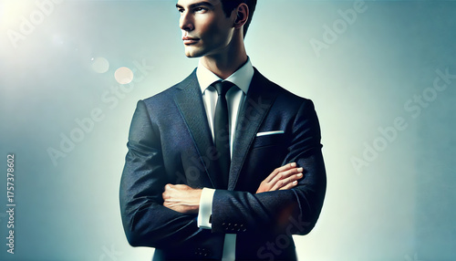 A professional business concept image featuring a confident man in a dark navy suit, white dress shirt, and black tie