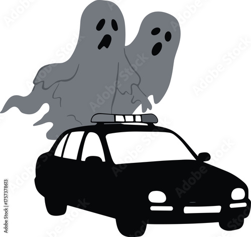 Cartoon police car illustration, spooky ghost drawing, paranormal artwork design, haunted vehicle sketch, fantasy concept art, supernatural cartoon style