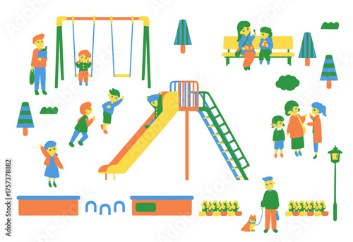 公園で遊ぶ子どもと集まる人々