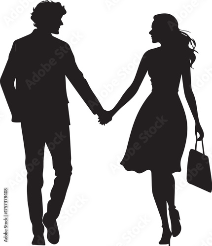 A couple holding hands flat vector style silhouette on white background