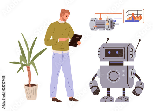 Male engineer uses tablet near robot, engine diagram, and performance graph. Ideal for technology, innovation, robotics, AI, automation, engineering and analysis in a simple flat metaphor