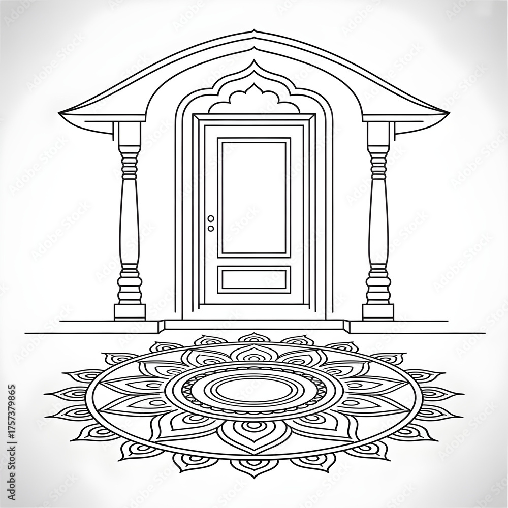 Fototapeta premium Traditional Indian Archway and Door with Festive Rangoli Design - Elegant Outline Contour Drawing for Cultural Celebrations and Decor