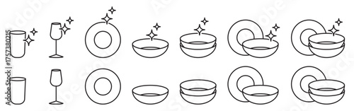 Set of dishware linear icons isolated on transparent background. Clean dishes and glasses outline symbols. Simple vector design ideal for kitchen, cooking, and cleaning concepts. Editable stroke.