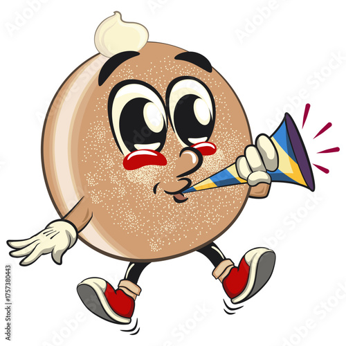 cute sugar donut bun mascot cartoon character vector illustration blow the party horn trumpet, sweet bakery dessert food icon isolated, work of hand drawn