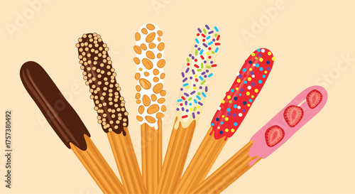 A delightful assortment of churros with various toppings.