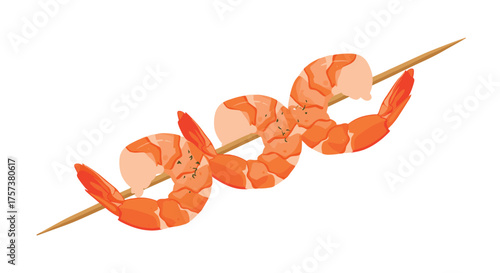 Three juicy shrimp on a wooden skewer.