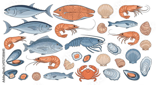 A vibrant collection of fresh seafood and shellfish depicted with artistic detail.