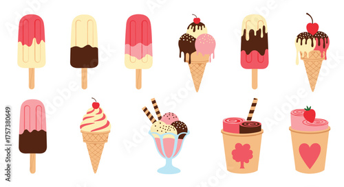 Collection of sweet frozen treats in various flavors and styles.
