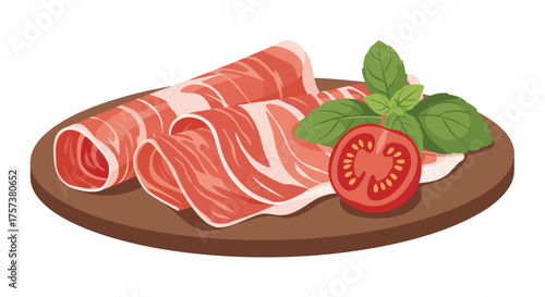 Thinly sliced cured ham with fresh basil and ripe tomato.