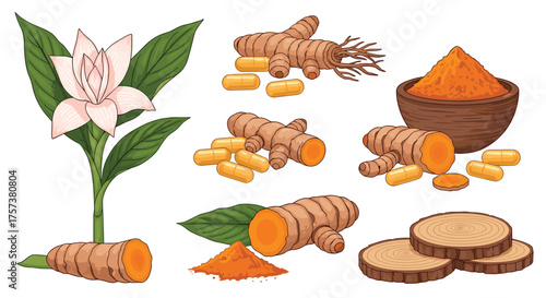 A collection of fresh turmeric roots and powder displays health benefits.