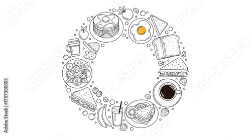 A circular arrangement of various breakfast foods and drinks.