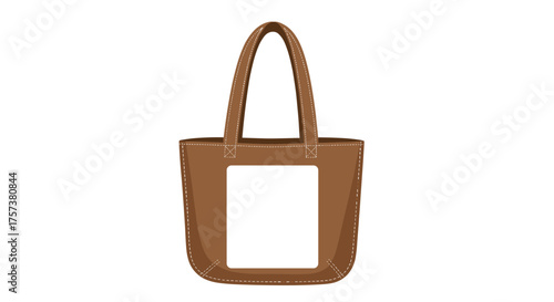 A simple brown tote bag with a white square pocket on the front.