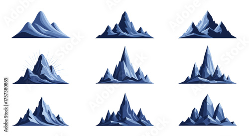 Collection of pixel art mountain peaks in shades of blue.