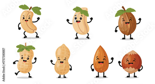 A collection of happy cartoon nuts and peanuts dancing.