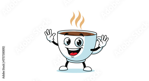 This cartoon coffee cup character is waving happily.
