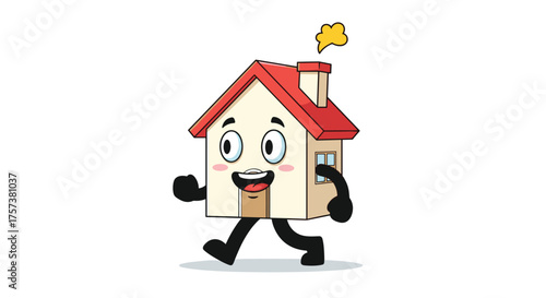 A happy house character with a smiling face is walking forward.