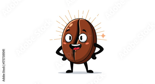 A cheerful cartoon coffee bean with arms and legs stands proudly.