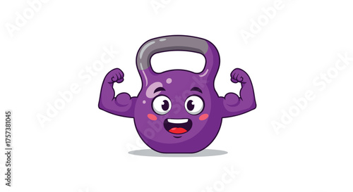 A strong and happy purple kettlebell flexing its biceps.