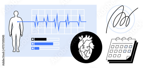 Human anatomy with ECG chart, heart diagram, progress bars, signature, and calendar. Ideal for healthcare, cardiology, digital health, medical records wellness tracking diagnostics
