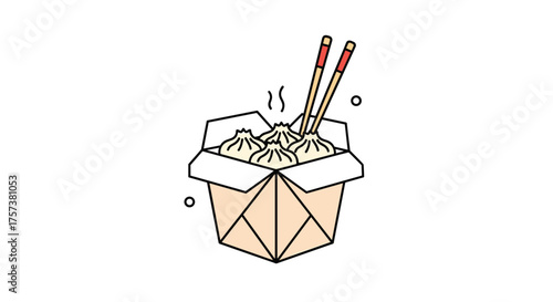 A box of steaming dumplings with chopsticks rests on a white background.