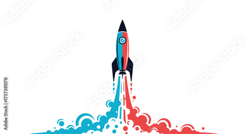 A rocket launching into space with colorful smoke trails.