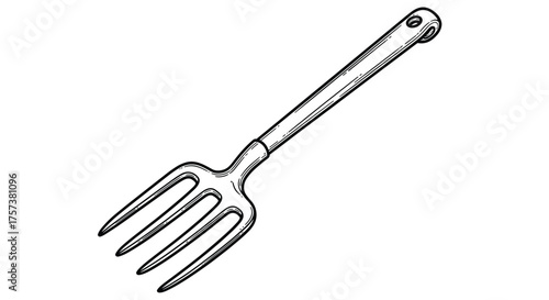 A drawing of a garden fork with four tines and a long handle.