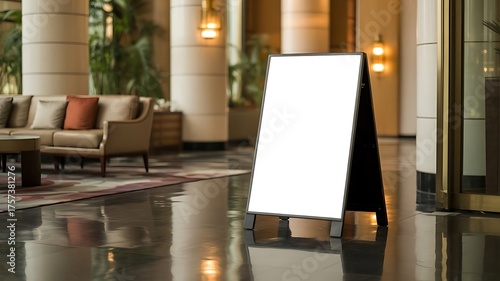 Blank white sign in hotel lobby board easel