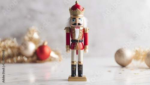 Traditional nutcracker figure with gold holiday decor
