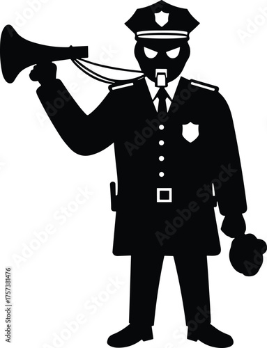 Ghostly police officer silhouette, spooky law enforcement art, eerie authority figure, supernatural cop design, haunted character concept, dark Halloween illustration