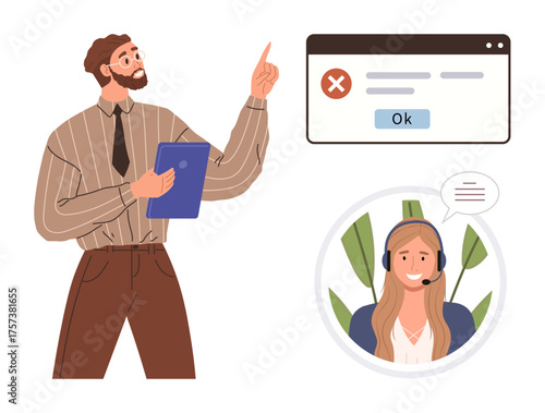 Man presenting issue on error notification while customer service representative in headset offers help. Ideal for communication, technical support, teamwork, customer care, troubleshooting, online